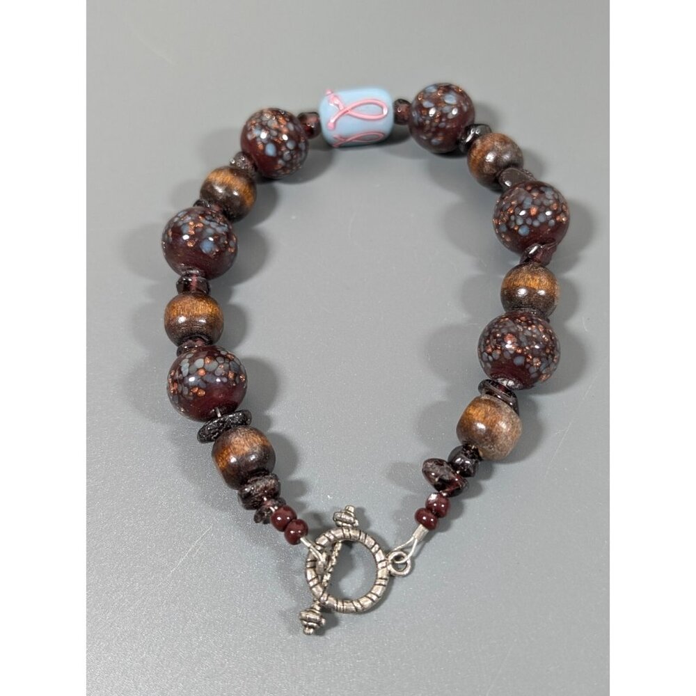 Boho Western Brown Wood‎ Art Glass Toggle Bracelet Awareness Bead 9 in